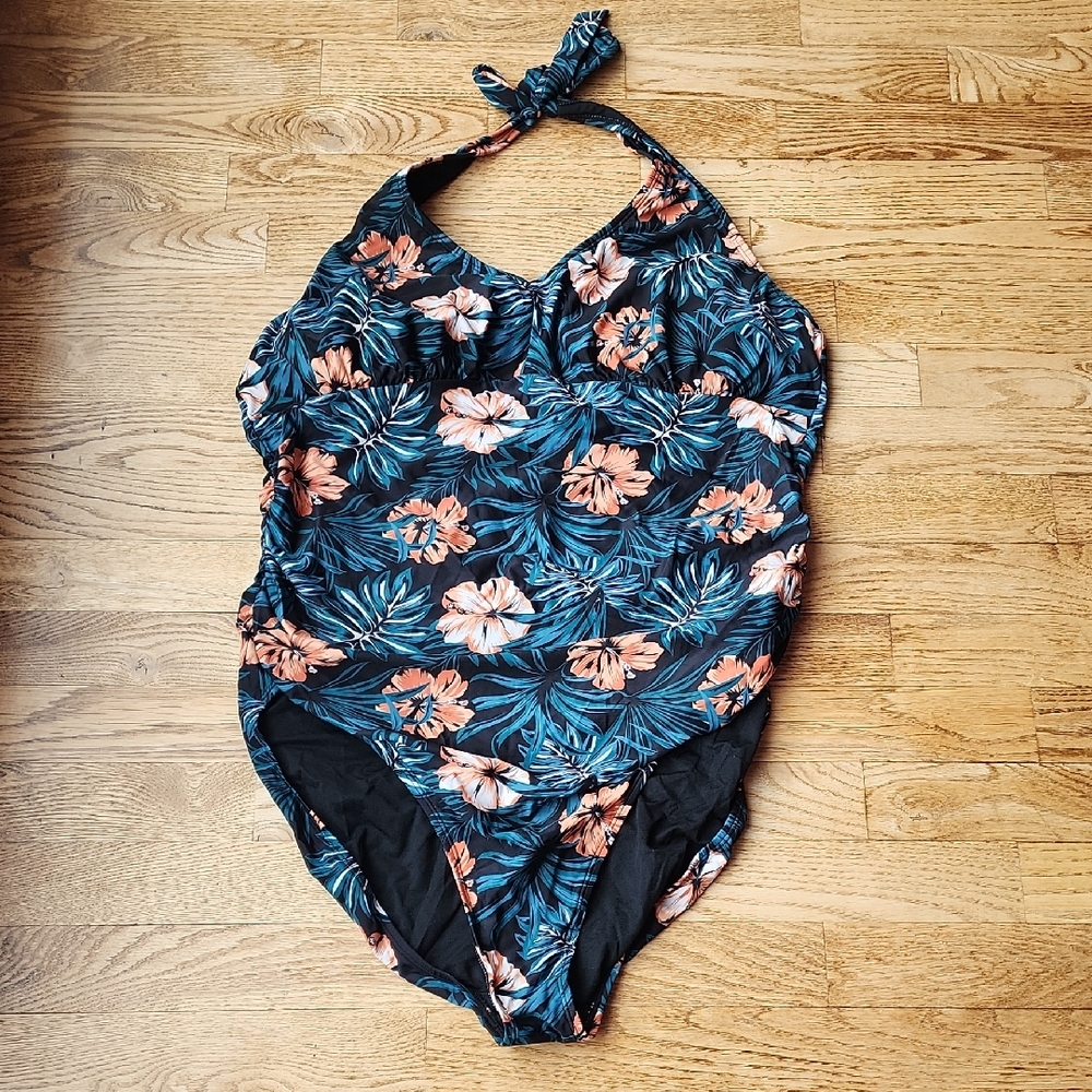 (14) Lole Floral One Piece Swimsuit - Black and Orange Tropical Vacation Holiday